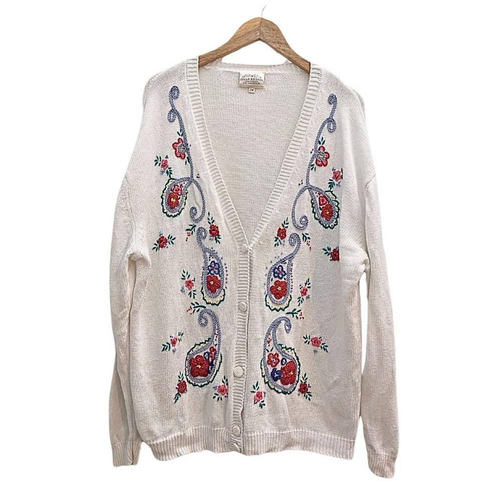 Vintage 90s SUSAN BRISTOL White Embroidered Cardigan Cottage Granny Size 2W/XL - Picture 1 of 6